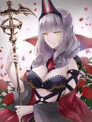 Rule 34 | 1girl, bare shoulders, blue nails, breasts, carmilla (fate), cleavage, fate/grand order, fate (series), female focus, fingernails, flower, headgear, highres, large breasts, long fingernails, long hair, looking at viewer, nail polish, o-ring, parted lips, petals, red flower, red rose, rose, rose petals, sena tea29, sharp fingernails, silver hair, smile, solo, very long hair, yellow eyes