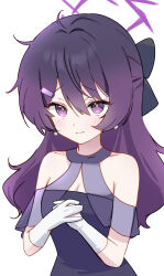 Rule 34 | 1girl, absurdres, ash (cat7evy), blue archive, blush, closed mouth, dress, earrings, gloves, hair between eyes, hair ornament, hairclip, halo, haruka (blue archive), haruka (dress) (blue archive), highres, jewelry, long hair, looking at viewer, official alternate costume, purple dress, purple eyes, purple hair, purple halo, simple background, solo, upper body, white background, white gloves