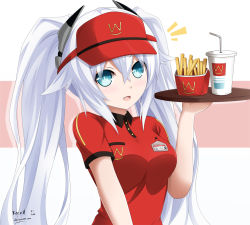 Rule 34 | 10s, 1girl, :3, :d, ^^^, artist name, black heart (neptunia), blue eyes, blush, brand name imitation, brown hair, buttons, collared shirt, drinking straw, employee uniform, fast food uniform, food, french fries, hair between eyes, hair flaps, hat, head tilt, headgear, keenh, long hair, looking at viewer, mcdonald&#039;s, name tag, neptune (series), noire (neptunia), open mouth, red hat, red shirt, shirt, short sleeves, simple background, smile, smiley face, solo, symbol-shaped pupils, tareme, tray, twintails, uniform, upper body, very long hair, visor cap, watermark, web address, white background, white hair