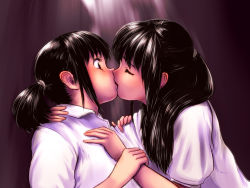 Rule 34 | 2girls, black eyes, black hair, blouse, closed eyes, collared shirt, eyelashes, from side, half updo, hand on another&#039;s chest, holding another&#039;s wrist, kiss, multiple girls, original, popopon, shirt, surprised, white shirt, yuri