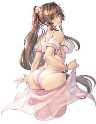Rule 34 | 1girl, ass, bikini, blush, breasts, brown eyes, brown hair, butt crack, commentary request, commission, flower, hair flower, hair intakes, hair ornament, headgear, highres, kantai collection, kokuzou, large breasts, long hair, looking at viewer, looking back, open mouth, ponytail, sarong, simple background, skeb commission, smile, solo, swimsuit, very long hair, white background, yamato (kancolle), yamato kai ni (kancolle)