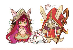 Rule 34 | 2girls, :o, aa2233a, absurdly long hair, alternate hair color, blush stickers, cosplay, costume switch, covering privates, covering chest, ears through headwear, flat chest, furry, kog&#039;maw, league of legends, long hair, lulu (league of legends), made in abyss, marker (medium), mitty (made in abyss), multiple girls, nanachi (made in abyss), navel, pink hair, pix (league of legends), red eyes, staff, standing, traditional media, very long hair, white hair, yellow eyes, yordle