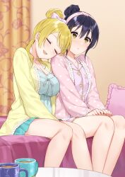 Rule 34 | 2girls, ayase eli, bed, bed sheet, bedroom, blonde hair, blue hair, breasts, cleavage, closed eyes, commentary request, curtains, embarrassed, hair ornament, hair ribbon, hairclip, head on another&#039;s shoulder, highres, indoors, large breasts, leaning on person, long hair, love live!, love live! school idol project, medium breasts, multiple girls, nanatsu no umi, on bed, open mouth, pajamas, pillow, pink pajamas, ponytail, ribbon, sitting, sleepy, sonoda umi, swept bangs, yellow eyes, yuri