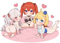 Rule 34 | 3girls, all fours, ass, barefoot, bikini, blonde hair, blush, breasts, chibi, cleavage, closed mouth, commentary request, draculina (last origin), fang, frills, garrison cap, grey hair, griffon (last origin), hair ornament, hairclip, hat, heart, heart hair ornament, highres, large breasts, last origin, long hair, looking at viewer, lying, may of doom, miman (hasutaro stream), multiple girls, on back, parted lips, pointy ears, purple eyes, red eyes, red hair, shirt, short hair, simple background, sleeveless, sleeveless shirt, star (symbol), star hair ornament, swimsuit, take your pick, thick thighs, thighs, twintails, very long hair, white background