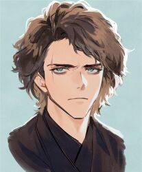 Rule 34 | 1boy, anakin skywalker, animification, aqua background, bags under eyes, black robe, blue eyes, brown hair, closed mouth, frown, furrowed brow, looking at viewer, male focus, melonlove, parted bangs, portrait, robe, scar, scar across eye, short hair, solo, star wars, star wars: revenge of the sith, upper body, wavy hair