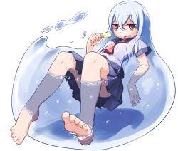 Rule 34 | 1girl, air bubble, bare legs, barefoot, beanpaste, blue hair, bubble, feet, food, foreshortening, liquid hair, long hair, monster girl, open mouth, original, partially submerged, popsicle, red eyes, school uniform, serafuku, simple background, sitting, skirt, slit pupils, soles, solo, sweat, toenails, toes, water, wet, white background, white hair