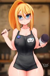 Rule 34 | 1girl, apron, areola slip, bare shoulders, blonde hair, breasts, cafe, cleavage, collarbone, cup, curvy, disposable cup, hair between eyes, highres, holding, holding marker, iced latte with breast milk (meme), large breasts, long hair, looking at viewer, marker, meme, metroid, naked apron, nintendo, parted lips, samus aran, sideboob, sidelocks, solo, thick thighs, thighs, tiger1001, wide hips