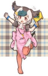 Rule 34 | 1girl, arm up, blonde hair, blush, bracelet, brown eyes, brown hair, brown pantyhose, flag, full body, green hair, head wings, highres, holding, holding flag, jewelry, kemono friends, kemono friends 2, kolshica, looking at viewer, multicolored hair, open mouth, pantyhose, smile, solo, spot-billed duck (kemono friends), whistle, whistle around neck, white hair, wings