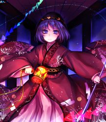 Rule 34 | &gt;:|, 1girl, :|, bowl, bowl hat, floral print, hallway, hat, highres, indoors, japanese clothes, kimono, long sleeves, looking at viewer, miracle mallet, needle, obi, object on head, purple eyes, purple hair, sash, short hair, solo, sukuna shinmyoumaru, tis (shan0x0shan), touhou, v-shaped eyebrows, wide sleeves