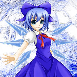 Rule 34 | 1girl, blue eyes, blue hair, bow, cirno, dress, fulea, hair bow, hand on own hip, hip focus, ice, ice wings, matching hair/eyes, outstretched arm, ribbon, short hair, smile, solo, touhou, wings