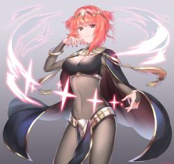 Rule 34 | 1girl, bodysuit, bracelet, breasts, bridal gauntlets, cape, closed mouth, commentary request, cosplay, covered navel, dark mage (fire emblem awakening), fire emblem, fire emblem awakening, fire emblem fates, fire emblem heroes, futabaaf, highres, jewelry, medium breasts, nail polish, nintendo, pink hair, sakura (fire emblem), see-through, short hair, simple background, skin tight, solo, tharja (cosplay), tharja (fire emblem), tiara