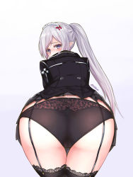 Rule 34 | 1girl, ass, ass focus, bent over, black panties, black thighhighs, blue eyes, blush, closers, embarrassed, from behind, garter belt, garter straps, headdress, huge ass, leaning, leaning forward, levia (closers), long hair, looking at viewer, looking back, maid headdress, panties, pointy ears, ponytail, purple eyes, shaojiang, silver hair, simple background, skirt, solo, tears, thighhighs, thighs, underwear, upskirt
