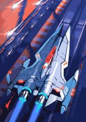 Rule 34 | 4xs master race, artist name, canopy (aircraft), from above, glowing, gradius, highres, konami, no humans, salamander (game), science fiction, spacecraft, starfighter, thrusters, vehicle focus, vic viper