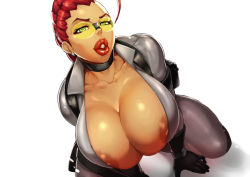 Rule 34 | 1girl, areola slip, breasts, choker, cleavage, crimson viper, earrings, gloves, green eyes, huge breasts, jewelry, jujunaught, lips, ponytail, red hair, solo, street fighter