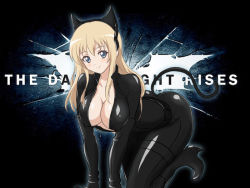 Rule 34 | 1girl, all fours, an-bl, animal ears, bad id, bad pixiv id, batman (series), blonde hair, blue eyes, bodysuit, bow, breasts, cat ears, catsuit, catwoman, catwoman (cosplay), cleavage, cosplay, dc comics, fake animal ears, hair bow, high heels, large breasts, looking at viewer, aged up, shoes, smile, solo, toshinou kyouko, yuru yuri
