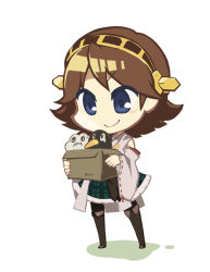 Rule 34 | 10s, 1girl, bird, blue eyes, box, brown hair, cardboard box, detached sleeves, hairband, harunagi, headgear, hiei (kancolle), kantai collection, looking down, nontraditional miko, pantyhose, penguin, short hair, skirt, smile, solo, standing, thighhighs, white background, wide sleeves