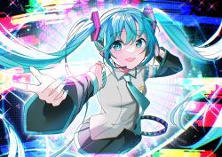 Rule 34 | 1girl, absurdres, blue eyes, blue hair, collared shirt, detached sleeves, hair ornament, hand on headphones, hatsune miku, headphones, headset, highres, long hair, long sleeves, maruiusausagi, nail polish, necktie, open mouth, outstretched arm, pleated skirt, shirt, skirt, sleeveless, sleeveless shirt, smile, solo, twintails, very long hair, vocaloid