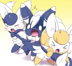 Rule 34 | &gt; &lt;, 1boy, 2girls, alternate color, anger vein, angry, animal ears, bent over, blonde hair, blue hair, blush, cat ears, closed eyes, creatures (company), fangs, full body, furry, game freak, gen 6 pokemon, gradient background, hands up, holding, kemoribon, meowstic, meowstic (female), meowstic (male), multiple girls, multiple tails, nintendo, o o, open mouth, pokemon, pokemon (creature), pulling, scared, shiny and normal, shiny pokemon, short hair, simple background, standing, sweat, tail, teeth, trembling, turn pale, two tails, white eyes, white hair, yellow background