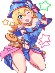 Rule 34 | 1girl, :d, a9b (louis814), armor, bare shoulders, blonde hair, blue dress, blue footwear, boots, breasts, choker, cleavage, dark magician girl, dress, duel monster, fingerless gloves, full body, gauntlets, gloves, green eyes, hat, highres, jewelry, kneeling, long hair, looking at viewer, medium breasts, necklace, no panties, one eye closed, open mouth, pendant, simple background, skirt, smile, solo, staff, star (symbol), wand, white background, wink, witch hat, wizard hat, yu-gi-oh!, yuu-gi-ou, yu-gi-oh! duel monsters