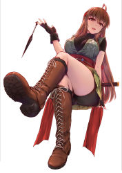 Rule 34 | 1girl, ahoge, bike shorts, boots, bow, bowtie, breasts, brown footwear, commentary request, cross-laced footwear, crossed legs, fingernails, floral print, full body, gloves, headband, highres, japanese clothes, knee boots, kunai, lace-up boots, lips, looking at viewer, medium breasts, ninja, obi, open mouth, original, sash, shiny clothes, shiny skin, short sleeves, shorts, simple background, sitting, smile, solo, sword, thighs, toriatto gununu, turtleneck, weapon