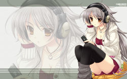 Rule 34 | 1girl, breasts, brown eyes, cleavage, digital media player, female focus, headphones, highres, jewelry, long hair, looking at viewer, necklace, original, saeki hokuto, silver hair, sitting, solo, sweater, thighhighs, wallpaper, zoom layer