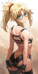 Rule 34 | 1girl, ass, bespectacled, black bra, black gloves, black panties, black thighhighs, blonde hair, blush, bra, braid, breasts, butt crack, fate/apocrypha, fate (series), french braid, glasses, gloves, green eyes, highres, long hair, looking at viewer, looking back, mordred (fate), mordred (fate/apocrypha), panties, parted bangs, ponytail, red scrunchie, scrunchie, sidelocks, small breasts, solo, thighhighs, tonee, underwear
