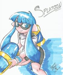 Rule 34 | 1girl, bike shorts, blue eyes, blue hair, flat chest, highres, inkling player character, long hair, marker (medium), mask, matching hair/eyes, monster girl, nayaase beleguii, nintendo, pointy ears, smile, solo, super soaker, tentacle hair, traditional media, twintails, wristband