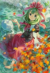 Rule 34 | 1girl, album cover, ama-tou, aqua eyes, arm ribbon, arm support, autumn leaves, barefoot, bow, cover, female focus, front ponytail, green hair, hair bow, highres, kagiyama hina, leaf, looking at viewer, maple leaf, puffy sleeves, ribbon, rock, shirt, short sleeves, sitting, sitting on rock, skirt, smile, soaking feet, solo, touhou, water