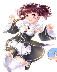 Rule 34 | 10s, 1girl, :d, apron, blush, breasts, brown hair, cleavage, cosplay, costume switch, crossover, detached sleeves, dress, frills, garter straps, gou d, hair ornament, hair ribbon, hairclip, highres, koutetsujou no kabaneri, long hair, long sleeves, looking at viewer, maid, maid headdress, mary janes, mumei (kabaneri), open mouth, re:zero kara hajimeru isekai seikatsu, rem (re:zero), rem (re:zero) (cosplay), ribbon, season connection, shoes, smile, solo, solo focus, thighhighs, twintails, white thighhighs, x hair ornament