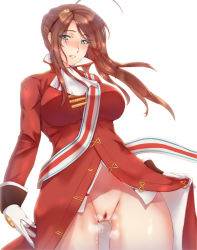 Rule 34 | 1girl, ahoge, body heat, breasts, brown hair, censored, cowboy shot, eyes visible through hair, female pubic hair, from below, girls&#039; frontline, gloves, gluteal fold, green eyes, lee-enfield (girls&#039; frontline), lifting own clothes, long hair, looking at viewer, medium breasts, mosaic censoring, no panties, parted lips, presenting, pubic hair, pussy, pussy juice, pussy juice drip, pussy juice trail, self exposure, simple background, solo, sparse pubic hair, standing, uniform, white background, wind, yui.h