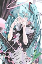 Rule 34 | 1girl, 39, aqua eyes, aqua hair, aqua nails, black shirt, blush, closed mouth, guitar, halo, hatsune miku, headphones, headphones around neck, heart, heart hands, highres, instrument, long hair, looking at viewer, miku day, one eye closed, pink wings, shirt, short sleeves, skull, smile, snf8l, solo, spring onion, twintails, vocaloid, wings