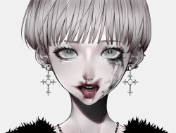 Rule 34 | 1girl, absurdres, cross-shaped pupils, ear piercing, earrings, grey eyes, grey hair, highres, jewelry, lipstick, looking at viewer, makeup, mano aaa, necklace, original, piercing, runny makeup, short hair, simple background, smeared lipstick, solo, symbol-shaped pupils, tongue, tongue out, tongue piercing, white background