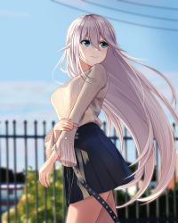 Rule 34 | aircell, alternate costume, black skirt, blue eyes, blue sky, blurry, blurry background, breasts, casual, cecilia schariac, commentary, contemporary, cowboy shot, day, depth of field, fence, from behind, hair between eyes, hand on own arm, highres, honkai (series), honkai impact 3rd, long hair, long sleeves, looking away, looking back, medium breasts, outdoors, pleated skirt, shirt, silver hair, skirt, sky, solo, striped clothes, striped shirt, town, vertical-striped clothes, vertical-striped shirt, very long hair, white shirt