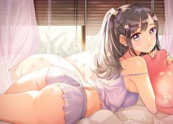 Rule 34 | 1girl, ass, bare shoulders, bed sheet, window blinds, blush, breasts, brown eyes, brown hair, camisole, commentary request, day, flower, from side, holding, holding pillow, huge ass, indoors, long hair, looking at viewer, looking to the side, lying, matsuzaki miyuki, medium breasts, on stomach, original, pillow, ponytail, short shorts, shorts, sideboob, solo, strap slip, tareme, thighs, white flower, window