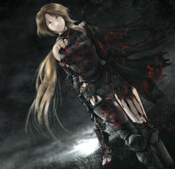 Rule 34 | 1girl, armor, arrow (projectile), blonde hair, blood, cape, empty eyes, female focus, long hair, outdoors, s zenith lee, sky, solo, sword, torn clothes, weapon