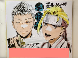 Rule 34 | 2boys, blind, blonde hair, closed mouth, eyebrows, closed eyes, facial scar, forehead protector, hair up, happy, headband, holding, holding sword, holding weapon, jigokuraku, kaku yuuji, looking at viewer, male focus, multiple boys, official art, open mouth, over shoulder, pale skin, scar, scar across eye, scar on cheek, scar on face, short hair, silver hair, smile, spiked hair, sword, teeth, tongue, weapon, weapon over shoulder, white background, yamada asaemon shion, yamada asaemon tenza