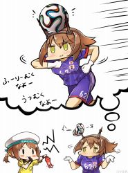Rule 34 | 10s, :3, alternate costume, ball, batsubyou, blush stickers, bow, brown hair, cat, comic, error musume, girl holding a cat (kancolle), gloves, green eyes, hair bow, hair ribbon, hat, headgear, highres, holding, kantai collection, mutsu (kancolle), referee, ribbon, short hair, soccer ball, soccer uniform, sportswear, sweat, tanaka kusao, translation request, twintails, whistle, white gloves