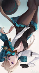 Rule 34 | absurdres, animal ears, aqua bow, artist name, asymmetrical bangs, between legs, black gloves, black pantyhose, bow, breasts, cat ears, cat girl, cat tail, center opening, cleavage, facial mark, frilled leotard, frills, genshin impact, gloves, gradient background, hand between legs, highres, huge bow, leotard, light brown hair, long hair, looking at viewer, lynette (genshin impact), medium breasts, pantyhose, plaid, plaid bow, playing with own hair, purple eyes, star (symbol), star facial mark, swallow zzy, tail, thighs, upside-down, white wrist cuffs, wrist cuffs