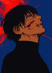 Rule 34 | 1boy, black hair, black shirt, blood, blood on face, blood splatter, blue background, blue eyes, death, from side, fushiguro touji, grmms otk, hair between eyes, jujutsu kaisen, male focus, messy hair, parted lips, portrait, scar, scar on face, scar on mouth, shirt, short hair, simple background, solo, spoilers, upper body