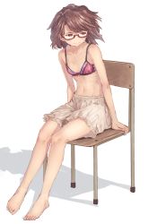 Rule 34 | 1girl, bare arms, bare legs, barefoot, bionekojita, bloomers, bow, bow bra, bra, breasts, brown eyes, brown hair, chair, cleavage, closed mouth, full body, glasses, highres, pink bra, red-framed eyewear, semi-rimless eyewear, short hair, sitting, small breasts, solo, touhou, under-rim eyewear, underwear, underwear only, usami sumireko