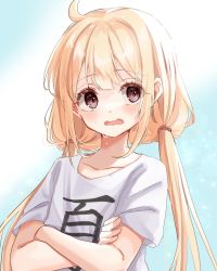 Rule 34 | 1girl, ahoge, blonde hair, blush, brown eyes, clothes writing, commentary request, crossed arms, futaba anzu, highres, idolmaster, idolmaster cinderella girls, long hair, low twintails, open mouth, rino cnc, shirt, short sleeves, solo, t-shirt, twintails, upper body, wavy mouth, white shirt