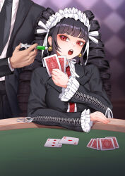 Rule 34 | 1boy, 1girl, :o, black hair, black jacket, black necktie, black pants, card, celestia ludenberg, commission, danganronpa: trigger happy havoc, danganronpa (series), drill hair, earrings, formal, frilled jacket, frills, hand up, haryudanto, highres, holding, holding card, jacket, jewelry, long hair, long sleeves, looking at viewer, necktie, pants, playing card, poker, poker chip, red eyes, red necktie, shirt, solo focus, twin drills, twintails, white shirt