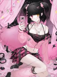 Rule 34 | 1girl, angel wings, artist name, bandaid, barefoot, black bow, black hair, black legwear, black nails, black ribbon, black shirt, blood, blunt bangs, blush, bow, boxcutter, bra strap, breasts, broken, broken chain, broken necklace, candle, candle wax, cellphone, chain, character name, choker, cleavage, clothes pin, cross, curtains, ear piercing, eliza (unxi), fire, flip phone, gem, hair ornament, hairclip, heart, hello kitty, heterochromia, highres, jacket, unworn jacket, jar, jewelry, kuromi, lace, laces, large breasts, leg warmers, licking lips, lip piercing, makeup, mini wings, mirror, multicolored hair, nail art, nail polish, navel piercing, necklace, original, pearl (gemstone), phone, photo (object), piercing, pill, pillow, pink bow, pink curtains, pink eyes, pink fire, pink hair, pink jacket, pink legwear, pink nails, pink skirt, plaid, plaid skirt, ribbon, rope, sanrio, shirt, short hair, signature, skindentation, skirt, skull, spaghetti strap, star (symbol), streaked hair, tongue, tongue out, torn clothes, two side up, unxi, wings, yellow eyes, zipper