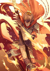 Rule 34 | 1boy, armor, brown hair, cape, fire, gradient background, highres, journey to the west, male focus, norizc, short hair, solo, staff, sun wukong