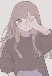 Rule 34 | 1girl, black shirt, blunt bangs, blush, brown hair, commentary request, grey background, hand over eye, long hair, looking at viewer, original, parted lips, shirt, shirt tucked in, simple background, solo, tearing up, tears, upper body, yunoki itsugu