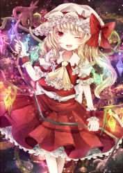 Rule 34 | 1girl, ascot, bad id, bad pixiv id, blonde hair, blush, bow, crystal, fang, female focus, flandre scarlet, frills, hat, hat bow, jaku sono, laevatein, open mouth, puffy sleeves, red eyes, short hair, short sleeves, side ponytail, solo, touhou, weapon, wings, wrist cuffs