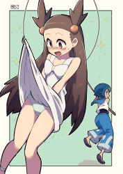 Rule 34 | 2girls, accidental exposure, bare arms, blue hair, blue pants, blush, bright pupils, brown eyes, brown hair, chichibu (watson), clothes lift, collarbone, commentary request, creatures (company), dress, dress lift, eyelashes, fishing rod, game freak, hair bobbles, hair ornament, hairband, highres, holding, holding fishing rod, jasmine (pokemon), lana (pokemon), long hair, multiple girls, nintendo, no sclera, one-piece swimsuit, open mouth, panties, pants, pokemon, pokemon gsc, pokemon sm, shiny skin, shirt, short hair, sleeveless, sleeveless shirt, sweatdrop, swimsuit, swimsuit under clothes, tongue, two side up, underwear, wave print, white dress, white shirt, yellow hairband