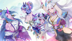 Rule 34 | 4girls, :o, absurdres, armpits, arms up, bare shoulders, bead belt, bead necklace, beads, blue nails, blue skirt, boots, bow, bozaigao x, breasts, character request, check character, cleavage, commentary request, cowboy shot, detached sleeves, evelynn (league of legends), fingernails, green hair, groin, hair bun, hair ornament, hair stick, heart, highres, horns, japanese clothes, jewelry, kimono, large breasts, league of legends, long hair, mask, mask on head, multiple girls, nail polish, necklace, official alternate costume, parted bangs, petals, pink bow, pink eyes, pleated skirt, sharp fingernails, single hair bun, single horn, skirt, smile, soraka (league of legends), spirit blossom evelynn, spirit blossom soraka, spirit blossom syndra, spirit blossom tristana, syndra, teeth, tongue, tristana, white footwear, white hair, yordle