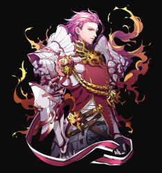 Rule 34 | 1boy, armor, belt, black background, breastplate, character request, commentary request, faulds, fire, gauntlets, granblue fantasy, hair slicked back, highres, light smile, male focus, pauldrons, pink hair, plate armor, red eyes, shoulder armor, simple background, solo, tenobe, upper body