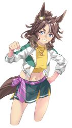 Rule 34 | 1girl, absurdres, animal ears, blue eyes, brown hair, clenched hand, commentary request, cropped legs, ear ornament, fur collar, grin, hand on own hip, highres, horse ears, horse girl, horse tail, jacket, jewelry, long hair, long sleeves, looking at viewer, mejiro palmer (umamusume), midriff, navel, necklace, open clothes, open jacket, ponytail, shirt, simple background, skirt, smile, solo, sweat, tail, tanabe (fueisei), umamusume, white background, yellow shirt